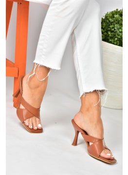 Fox Shoes Brown Cross-Strapped Thick Heeled Women's Slippers P590033009  - Image 4