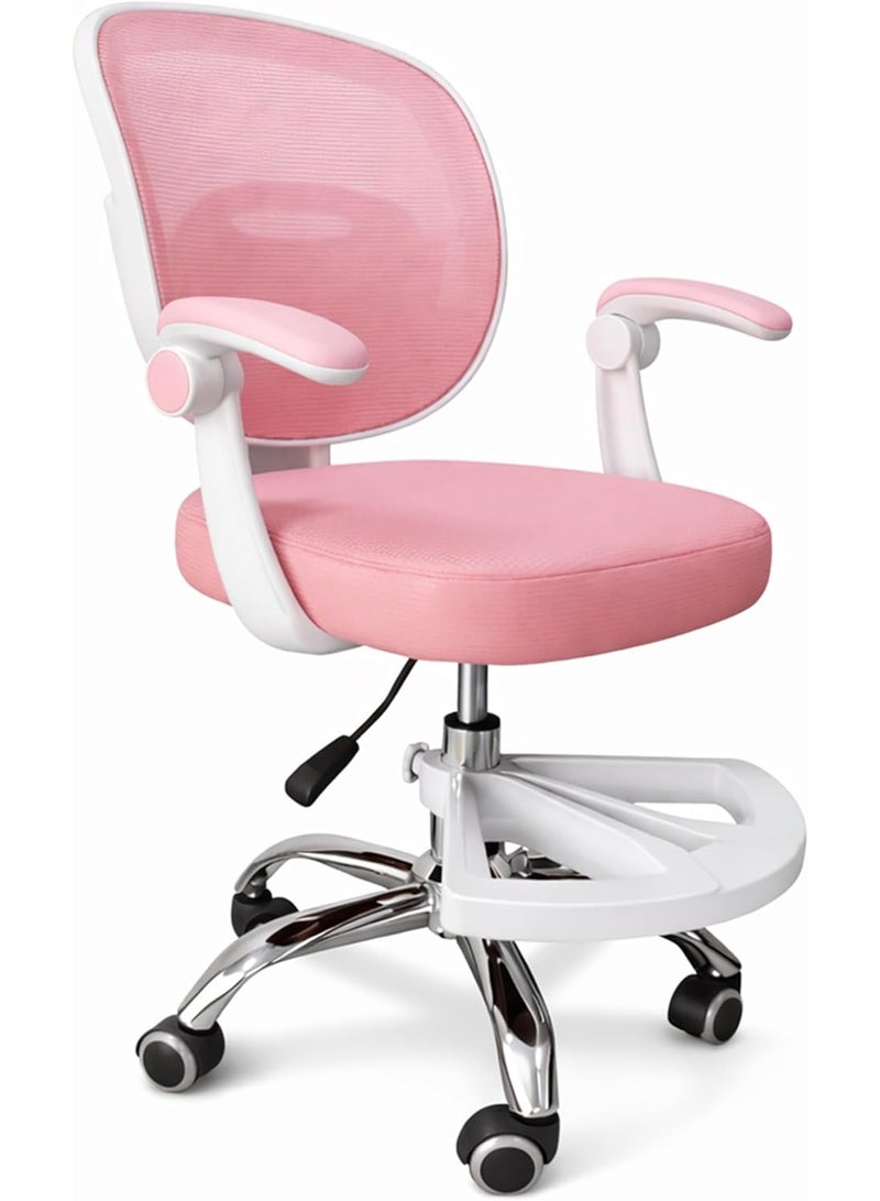 UKR Kids Desk Chair Pink with Armrests, Adjustable Height Study Chair with Footrest, 90° Flip-Up Arms, Ergonomic 360° Swivel Rolling Chair for, Children Study Room, Home, office, School Lab Chair - Image 1