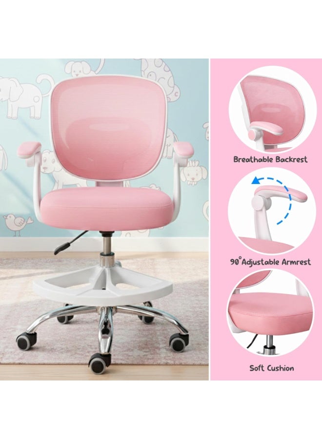 UKR Kids Desk Chair Pink with Armrests, Adjustable Height Study Chair with Footrest, 90° Flip-Up Arms, Ergonomic 360° Swivel Rolling Chair for, Children Study Room, Home, office, School Lab Chair - Image 4
