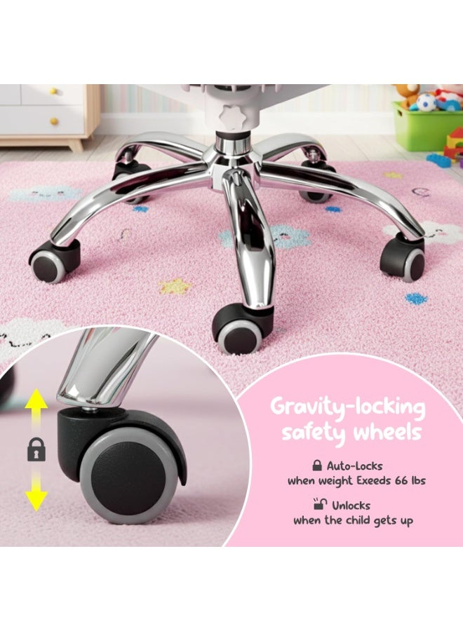 UKR Kids Desk Chair Pink with Armrests, Adjustable Height Study Chair with Footrest, 90° Flip-Up Arms, Ergonomic 360° Swivel Rolling Chair for, Children Study Room, Home, office, School Lab Chair - Image 3