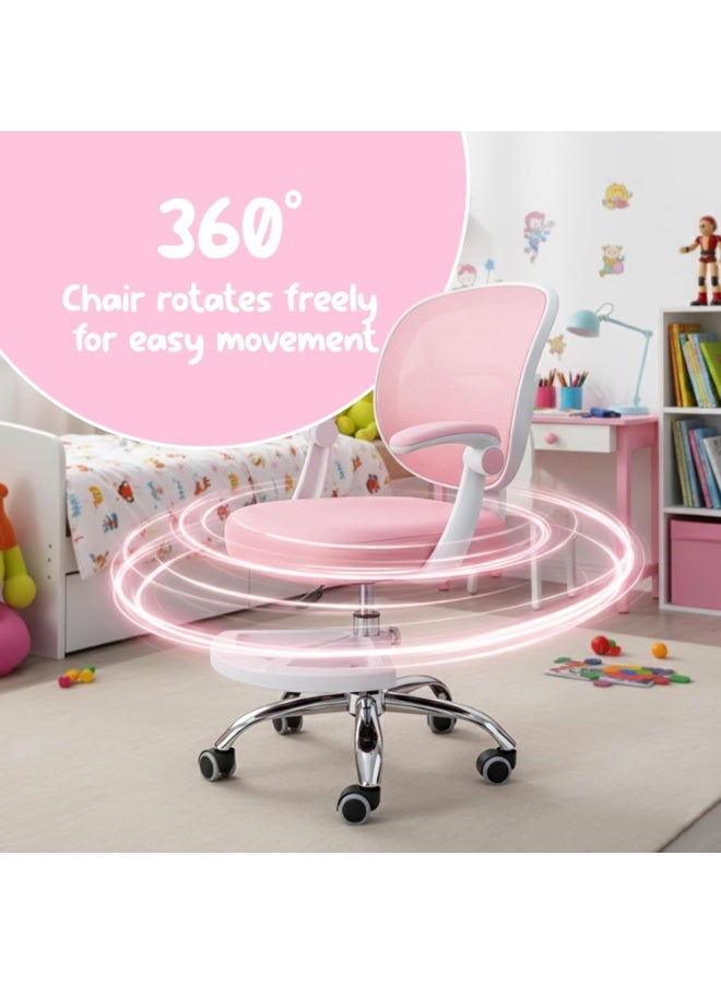 UKR Kids Desk Chair Pink with Armrests, Adjustable Height Study Chair with Footrest, 90° Flip-Up Arms, Ergonomic 360° Swivel Rolling Chair for, Children Study Room, Home, office, School Lab Chair - Image 5