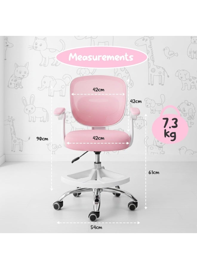 UKR Kids Desk Chair Pink with Armrests, Adjustable Height Study Chair with Footrest, 90° Flip-Up Arms, Ergonomic 360° Swivel Rolling Chair for, Children Study Room, Home, office, School Lab Chair - Image 2