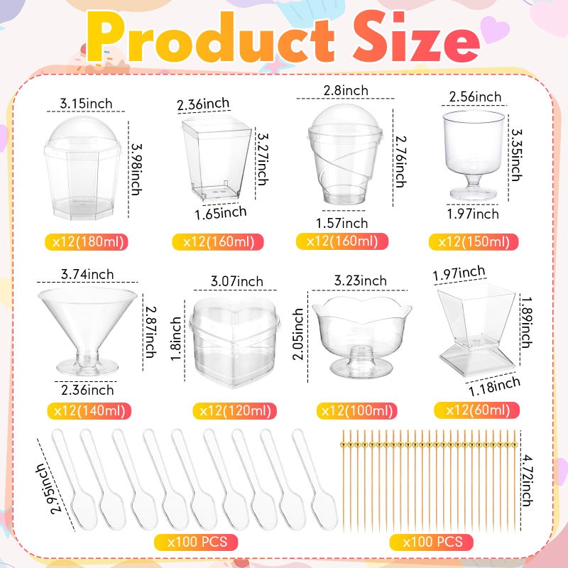 Remerry 296 Pack Plastic Dessert Cups with Lids and Spoons Toothpicks 2/3/4/5/6 oz 8 Styles Clear Mini Appetizer Cups Disposable for Serving Fruit Ice Cream Pudding Weddings Party(Classic Style) - Image 2