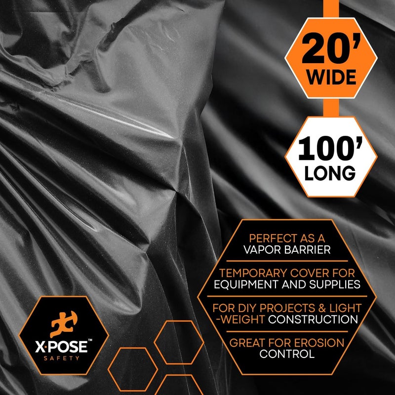 إكسبوز سايفتي غطاء بلاستيكي أسود من Xpose Safety – لفة 20 × 100 قدم – صفيحة بولي ثقيلة 3.4 ميل – مقاوم للماء، مقاوم للغبار، حاجز بخار – للاستخدام في البناء، الطلاء، والصناعة - Image 3