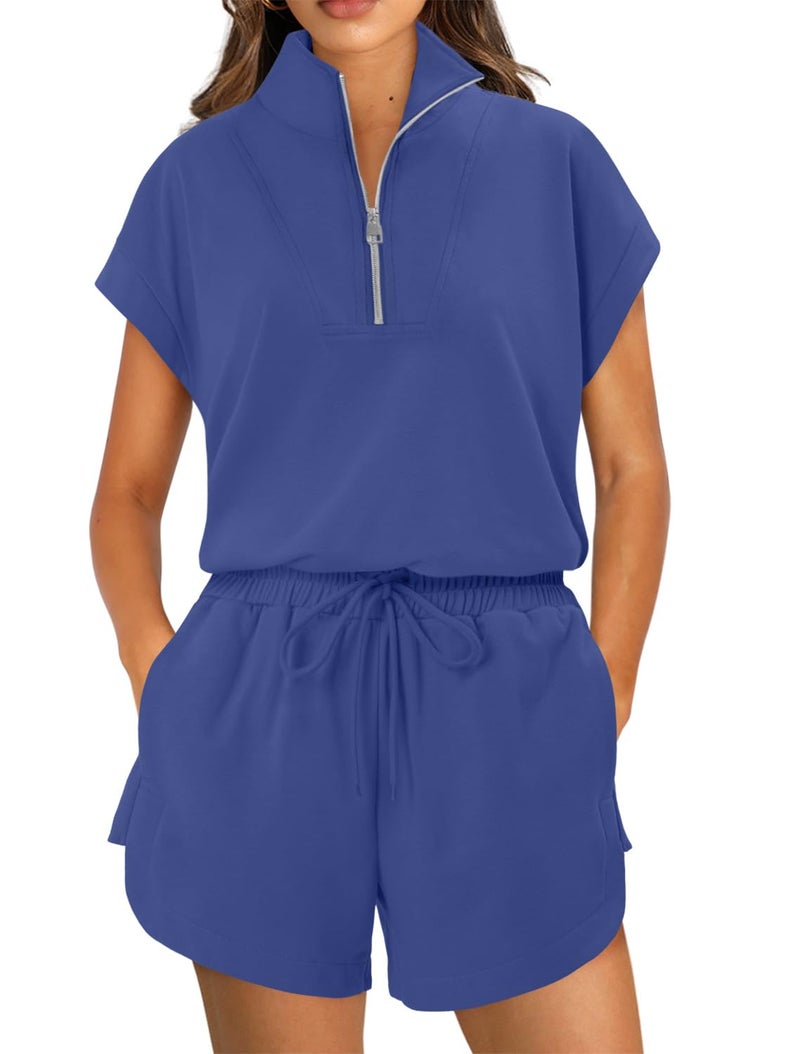 KISSMODA Two Piece Sets for Women Sweatsuit Casual Tracksuits Short Sleeve Half Zip Tops and Shorts 2026 Lounge Outfits Blue Small