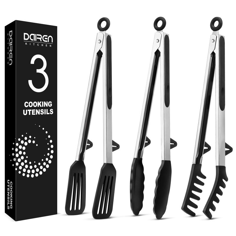 DaiRen Kitchen Tongs for Cooking, 12 Inch Non Scratch Silicone Tip for Nonstick Cooking Pans, Food Grade Mini Serving Tongs, Pull Lock, Set of 3, Black - Image 1