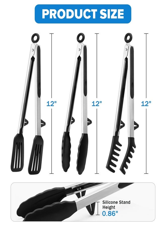 DaiRen Kitchen Tongs for Cooking, 12 Inch Non Scratch Silicone Tip for Nonstick Cooking Pans, Food Grade Mini Serving Tongs, Pull Lock, Set of 3, Black - Image 3