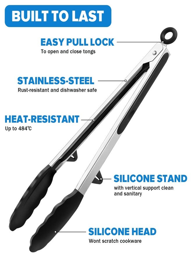DaiRen Kitchen Tongs for Cooking, 12 Inch Non Scratch Silicone Tip for Nonstick Cooking Pans, Food Grade Mini Serving Tongs, Pull Lock, Set of 3, Black - Image 2