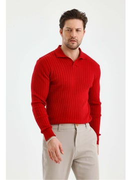 Cool Tarz Cool Style Red Men's Polo Collar Ribbed Knitwear Sweater  - Image 1