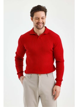 Cool Tarz Cool Style Red Men's Polo Collar Ribbed Knitwear Sweater  - Image 2