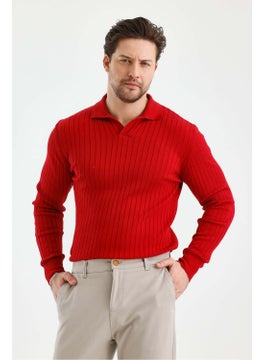 Cool Tarz Cool Style Red Men's Polo Collar Ribbed Knitwear Sweater  - Image 5