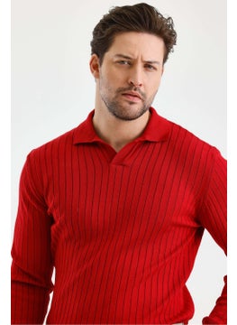 Cool Tarz Cool Style Red Men's Polo Collar Ribbed Knitwear Sweater  - Image 4