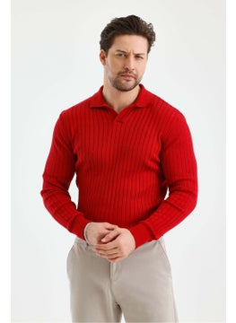 Cool Tarz Cool Style Red Men's Polo Collar Ribbed Knitwear Sweater  - Image 3