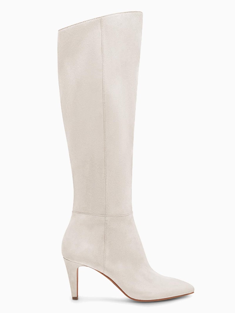 Coutgo Womens Wide Calf Knee High Boots Stiletto High Heel Pointed Toe Side Zipper Suede Long Boots Winter Shoes, Beige, Size 8 - Image 3