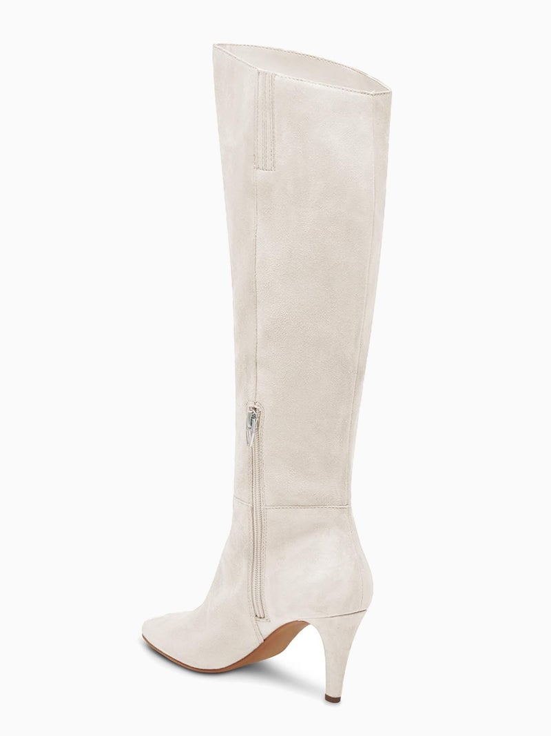 Coutgo Womens Wide Calf Knee High Boots Stiletto High Heel Pointed Toe Side Zipper Suede Long Boots Winter Shoes, Beige, Size 8 - Image 4