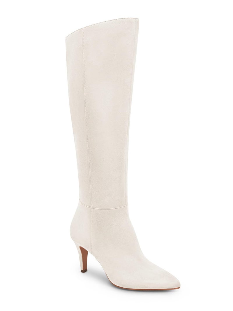 Coutgo Womens Wide Calf Knee High Boots Stiletto High Heel Pointed Toe Side Zipper Suede Long Boots Winter Shoes, Beige, Size 8 - Image 1