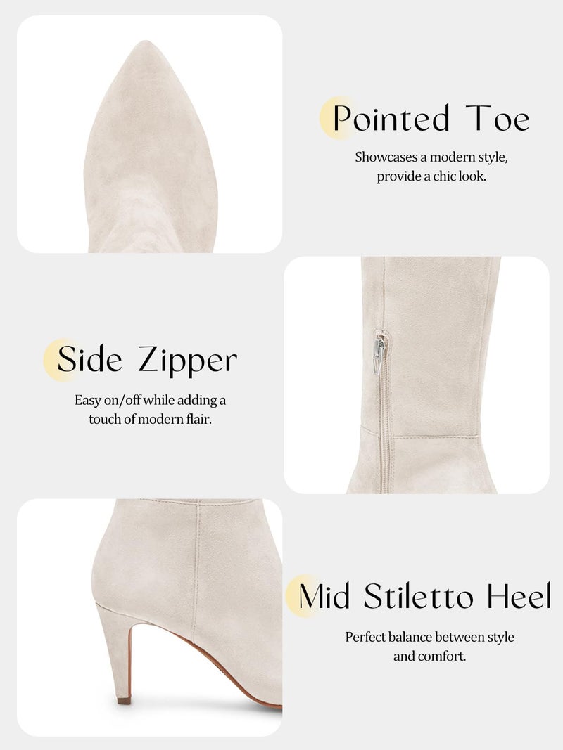 Coutgo Womens Wide Calf Knee High Boots Stiletto High Heel Pointed Toe Side Zipper Suede Long Boots Winter Shoes, Beige, Size 8 - Image 5