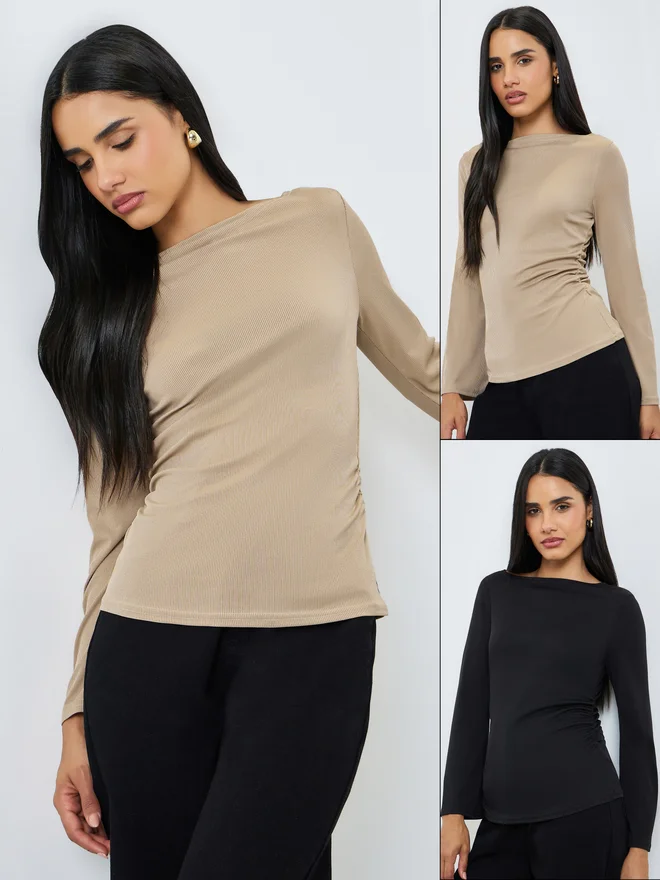 Styli Styli Pack of 2 - Boat Neck Ruched Long Sleeve T-Shirt