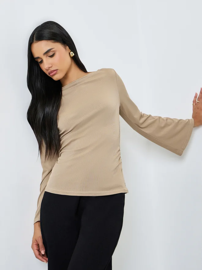 Styli Styli Pack of 2 - Boat Neck Ruched Long Sleeve T-Shirt