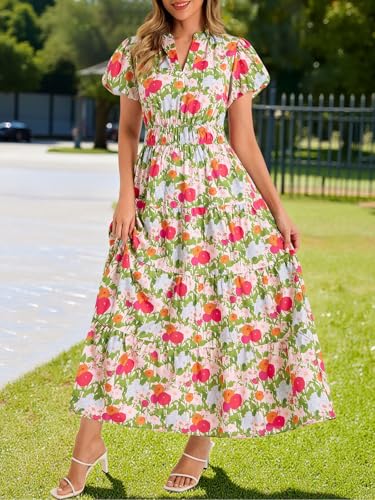 Wenrine Womens Summer Floral Maxi Dress Casual V Neck Puff Short Sleeve Smocked Loose Boho Beach Dresses with Pockets Olive Drab - Image 4