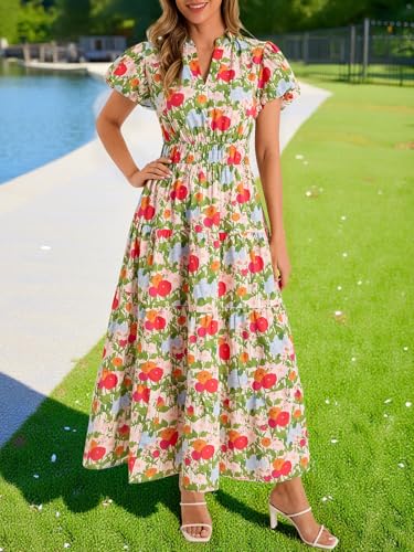Wenrine Womens Summer Floral Maxi Dress Casual V Neck Puff Short Sleeve Smocked Loose Boho Beach Dresses with Pockets Olive Drab - Image 3