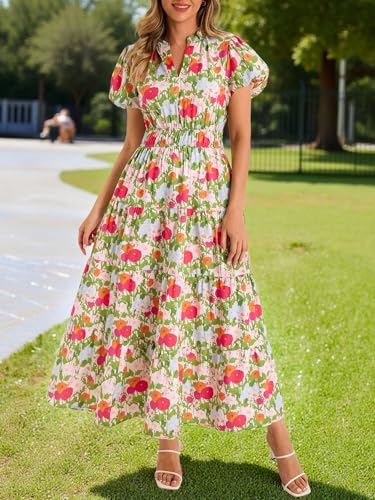 Wenrine Womens Summer Floral Maxi Dress Casual V Neck Puff Short Sleeve Smocked Loose Boho Beach Dresses with Pockets Olive Drab - Image 2