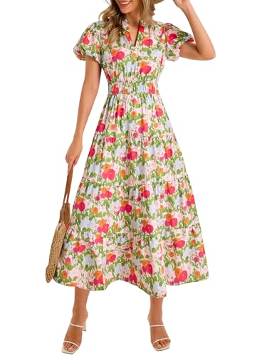 Wenrine Womens Summer Floral Maxi Dress Casual V Neck Puff Short Sleeve Smocked Loose Boho Beach Dresses with Pockets Olive Drab - Image 1
