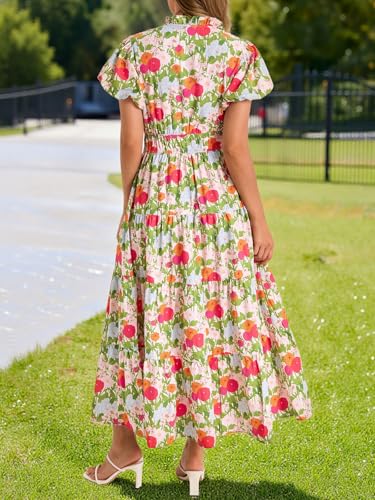 Wenrine Womens Summer Floral Maxi Dress Casual V Neck Puff Short Sleeve Smocked Loose Boho Beach Dresses with Pockets Olive Drab - Image 5