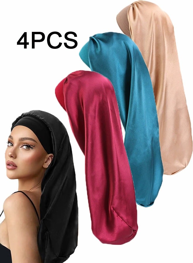 Unewshi 4 Pieces Long Satin Bonnet for Women Silky Sleep Cap, Soft Elastic Band Silk Braid Bonnet Wide Band Night Sleeping Hat Long Braids Bonnets Cover Cap Headwraps for Natural Hair Curly Hair - Image 1