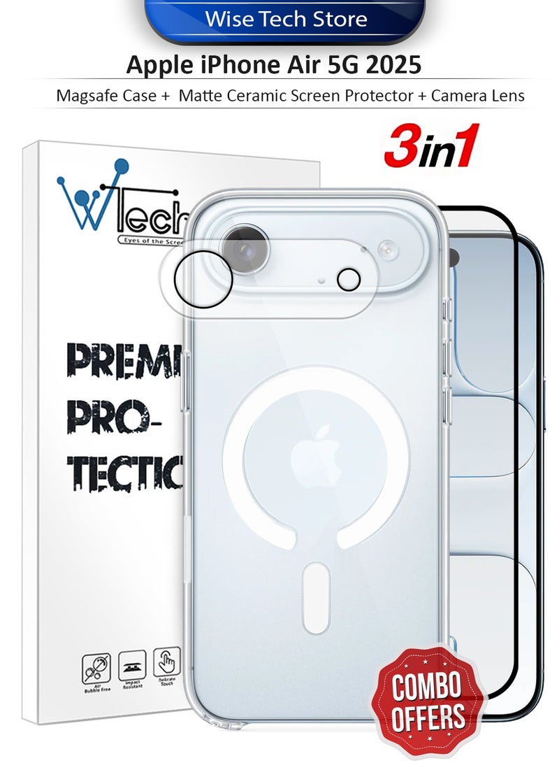 دبليو تيك حزمة حماية شاملة لهاتف آبل آيفون إير 5G 2025 ثلاثية الوظائف: غطاء شفاف مقاوم للصدمات مع ماجسيف، واقي شاشة سيراميكي مات، وواقي عدسة الكاميرا بحماية 360 درجة، سهل التركيب - شفاف/أسود1 - Image 1