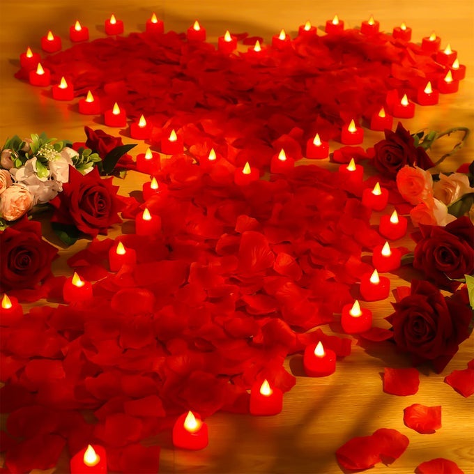 6000 PIECES ARTIFICIAL ROSE PETAL WITH 72 PIECES LED TEA LIGHTS CANDLE ROMANTIC SWEETEST DAY DECORATIONS ROSE PETAL HEART CANDLE FOR SPECIAL NIGHT PROPOSAL WEDDING ANNIVERSARYRED LIGHT