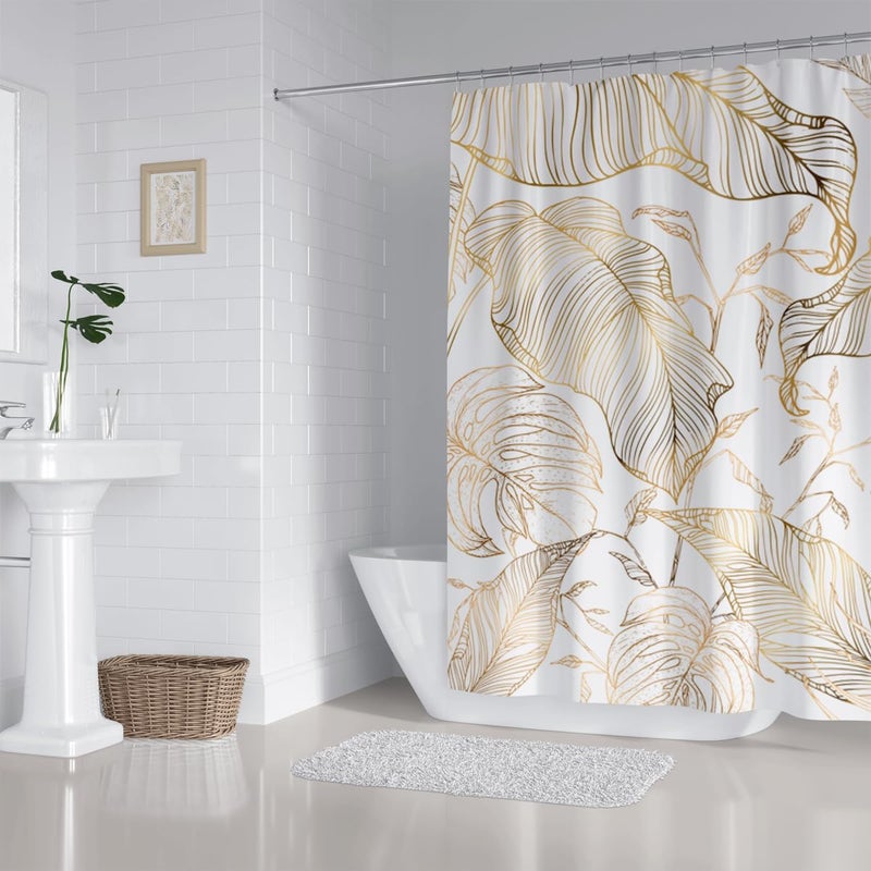 ZXMBF White Gold Tropical Palm Leaves Shower Curtain Abstract Banana Leaf Copper Chic Modern Botanical Plant Nature Aesthetic Bathroom Decor Waterproof Fabric 72Lx72W Inch with 12PCS Hooks - Image 5