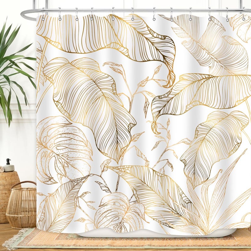 ZXMBF White Gold Tropical Palm Leaves Shower Curtain Abstract Banana Leaf Copper Chic Modern Botanical Plant Nature Aesthetic Bathroom Decor Waterproof Fabric 72Lx72W Inch with 12PCS Hooks - Image 1