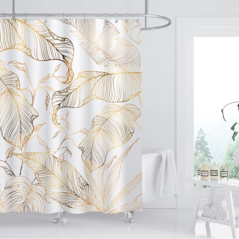 ZXMBF White Gold Tropical Palm Leaves Shower Curtain Abstract Banana Leaf Copper Chic Modern Botanical Plant Nature Aesthetic Bathroom Decor Waterproof Fabric 72Lx72W Inch with 12PCS Hooks - Image 2