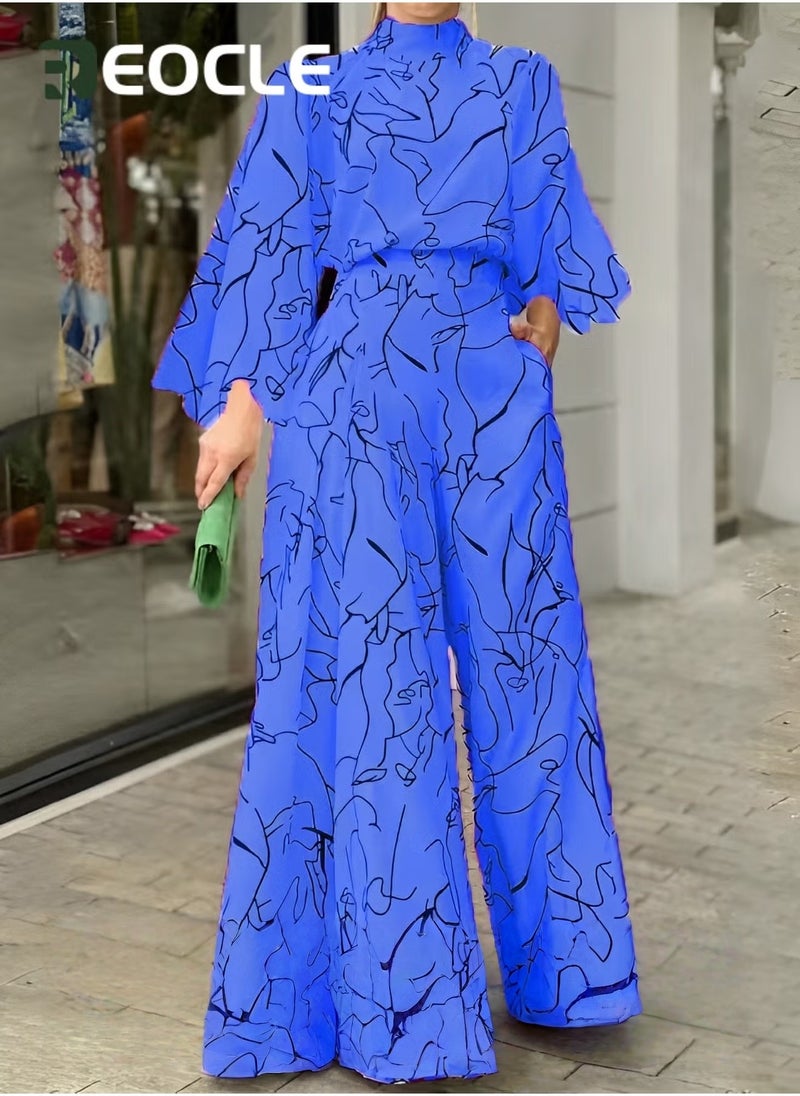 Elegant Jumpsuit Waist-cinching Lace-up Long-sleeved Trousers Printed Jumpsuit Fashionable Printed Design Stand-up Collar Design Waist-cinching Design