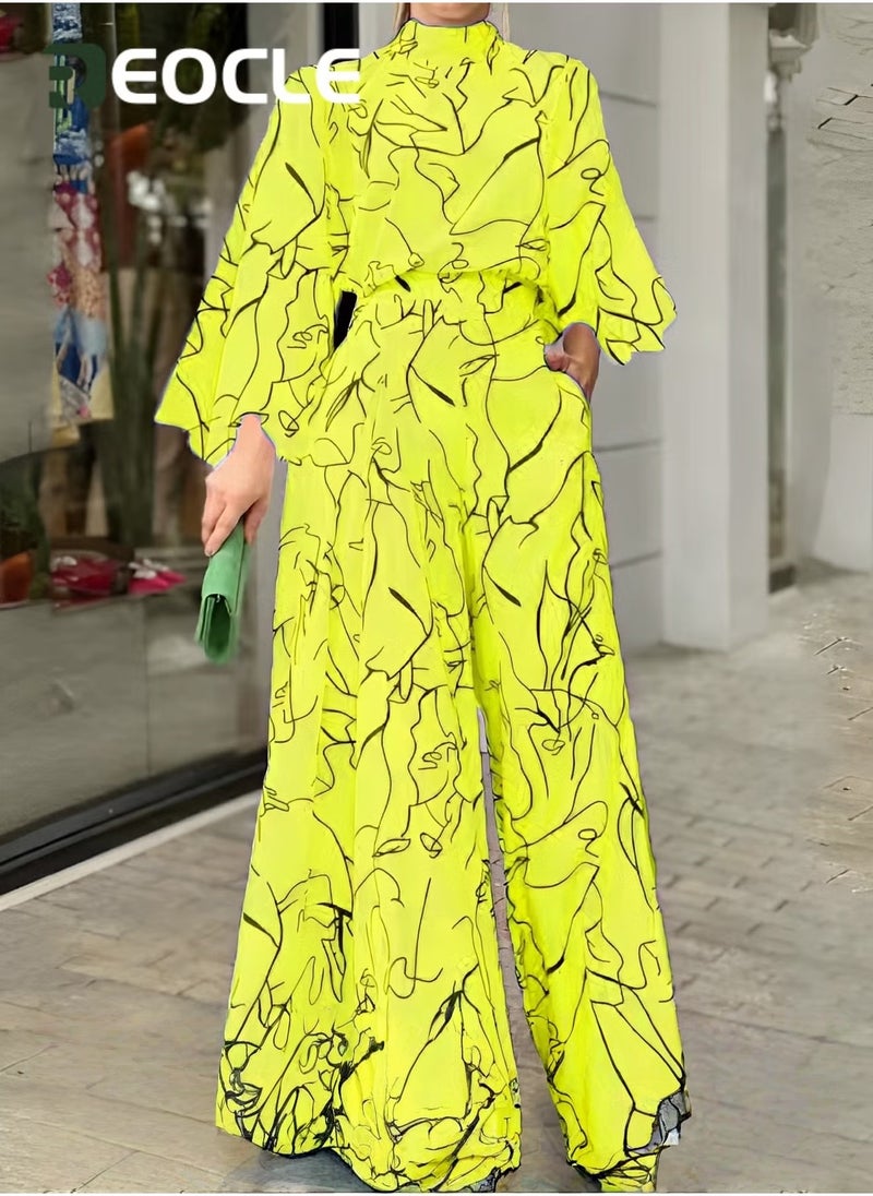 Elegant Jumpsuit Waist-cinching Lace-up Long-sleeved Trousers Printed Jumpsuit Fashionable Printed Design Stand-up Collar Design Waist-cinching Design