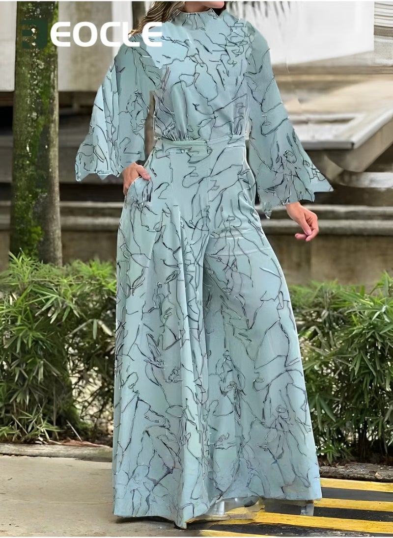 Elegant Jumpsuit Waist-cinching Lace-up Long-sleeved Trousers Printed Jumpsuit Fashionable Printed Design Stand-up Collar Design Waist-cinching Design