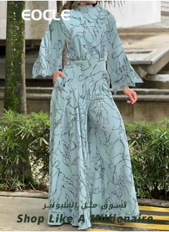 REOCLE Elegant Jumpsuit Waist-cinching Lace-up Long-sleeved Trousers Printed Jumpsuit Fashionable Printed Design Stand-up Collar Design Waist-cinching Design  - Image 4