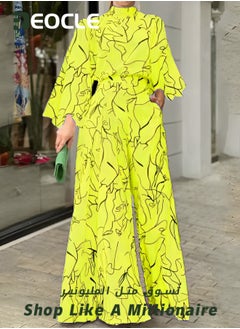 REOCLE Elegant Jumpsuit Waist-cinching Lace-up Long-sleeved Trousers Printed Jumpsuit Fashionable Printed Design Stand-up Collar Design Waist-cinching Design  - Image 5