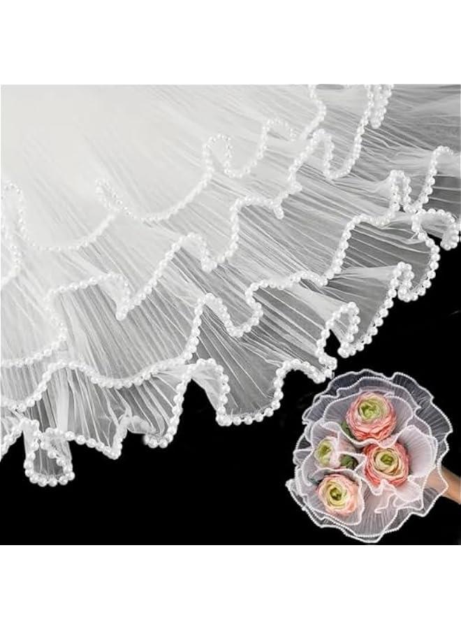 ورق تغليف باقة الزهور 4.37 ياردة، ورق تغليف الزهور بحافة لؤلؤية، ورق شبكي شفاف مجعد لمستلزمات بائع الزهور وديكور الزفاف وتغليف الهدايا (أبيض، كبير) - Image 1