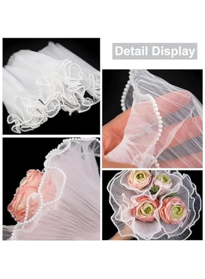 ورق تغليف باقة الزهور 4.37 ياردة، ورق تغليف الزهور بحافة لؤلؤية، ورق شبكي شفاف مجعد لمستلزمات بائع الزهور وديكور الزفاف وتغليف الهدايا (أبيض، كبير) - Image 2