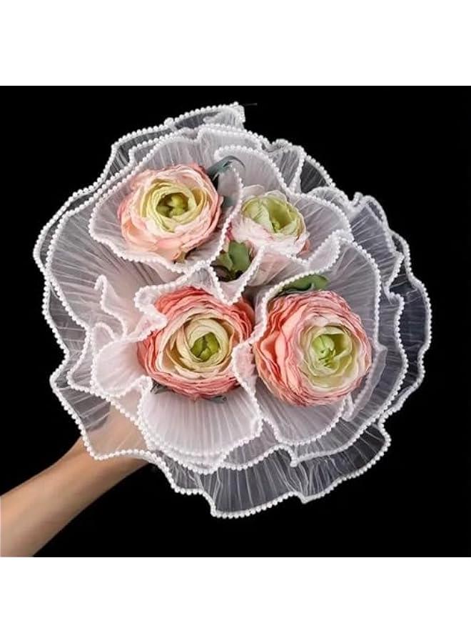 ورق تغليف باقة الزهور 4.37 ياردة، ورق تغليف الزهور بحافة لؤلؤية، ورق شبكي شفاف مجعد لمستلزمات بائع الزهور وديكور الزفاف وتغليف الهدايا (أبيض، كبير) - Image 3