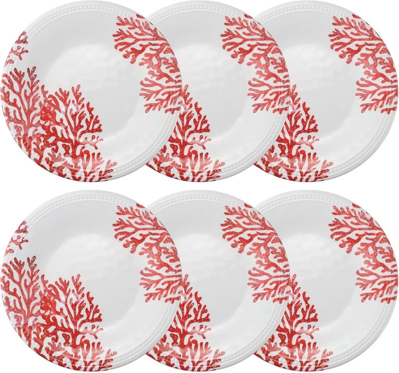 UP UPware Red Coral Melamine Dinner Plate Set Round Plates with Beaded Edge for Main course Pasta and Salad BPAFree Dishwasher Safe Red 1075 Inch Set of 6 - Image 1