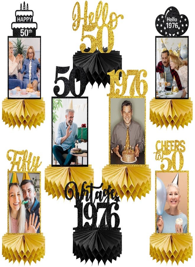 Eucutur 8Pcs 50th Birthday Decorations Honeycomb Centerpieces for Women Men, Black Gold Vintage 1974 50th Bday Photo Table Centerpieces Party Supplies, Glitter Cheers to 50 Year Old Bday Table Topper - Image 1