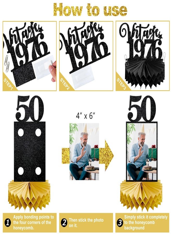 Eucutur 8Pcs 50th Birthday Decorations Honeycomb Centerpieces for Women Men, Black Gold Vintage 1974 50th Bday Photo Table Centerpieces Party Supplies, Glitter Cheers to 50 Year Old Bday Table Topper - Image 5