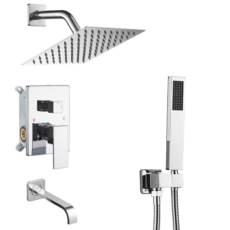 Heable Chrome Shower System Bathroom Shower Faucet Set with Tub Spout Wall Mounted 8 Inch Shower Head and Handle Set with Handheld 3 Function Tub and Shower Trim Kit with Roughin Valve