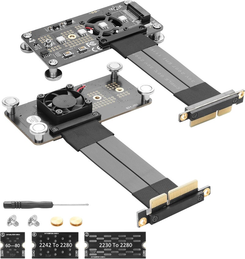 CERRXIAN M2 NVME MKey SSD to PCIE 4X Extension Cable with Cooling Fan and Automatic Discoloration LEDSupports 22302242  22602280 M2 NGFF NVME SSD