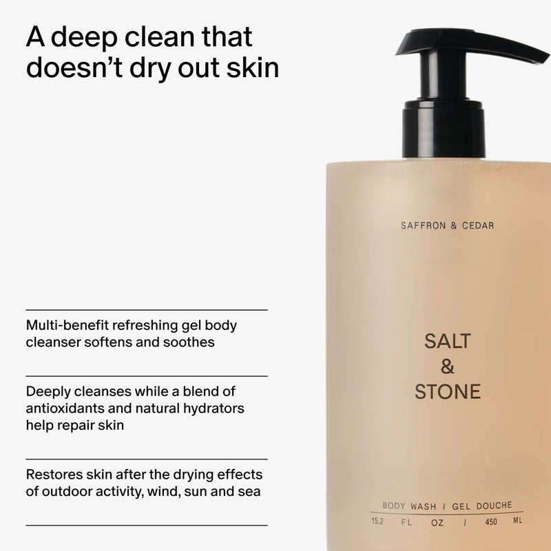 Salt & Stone غسول الجسم بالملح والحجر مع مضادات الأكسدة لترطيب عميق | للنساء والرجال، خالي من الكبريتات والبارابين والأصباغ، يترك البشرة ناعمة ورطبة | زعفران وأرز 32 أونصة سائلة - Image 5