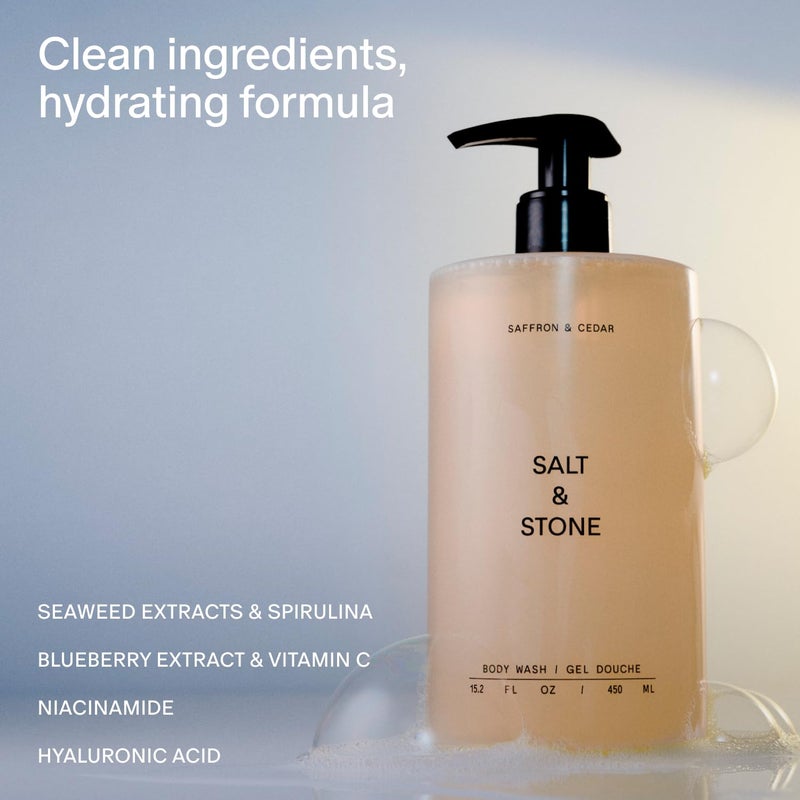 Salt & Stone غسول الجسم بالملح والحجر مع مضادات الأكسدة لترطيب عميق | للنساء والرجال، خالي من الكبريتات والبارابين والأصباغ، يترك البشرة ناعمة ورطبة | زعفران وأرز 32 أونصة سائلة - Image 2