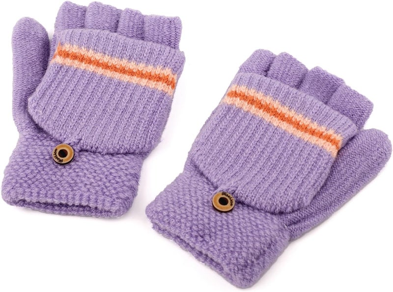 F Flammi Kids Winter Knitted Mitten Gloves Convertible Fingerless Gloves with Cover for Teen Boys Girls Aged 5-10, 2 Pairs - Image 4